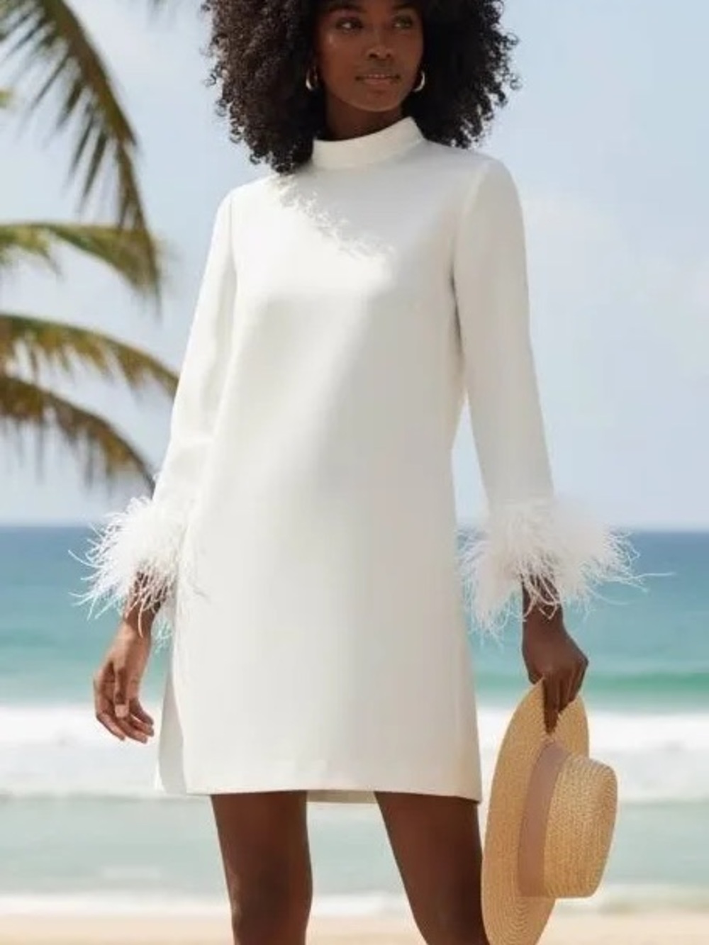 Tuckernuck White Feather-Cuff Shift Dress- perfect for wedding events.